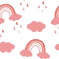 Seamless pattern colorful stylized rainbow clouds raindrops pink coral and beige pastel shades vector illustration